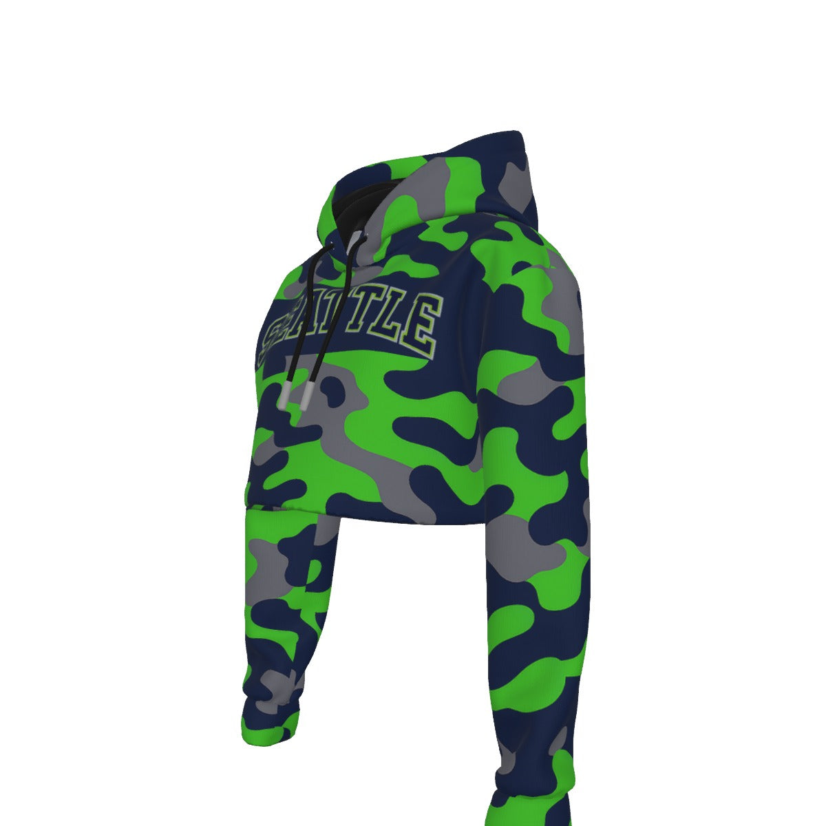 White Smoke Seattle Football Varsity Camo Women’s Crop Top Hoodie – Navy and Action Green Game Day Cropped Sweat