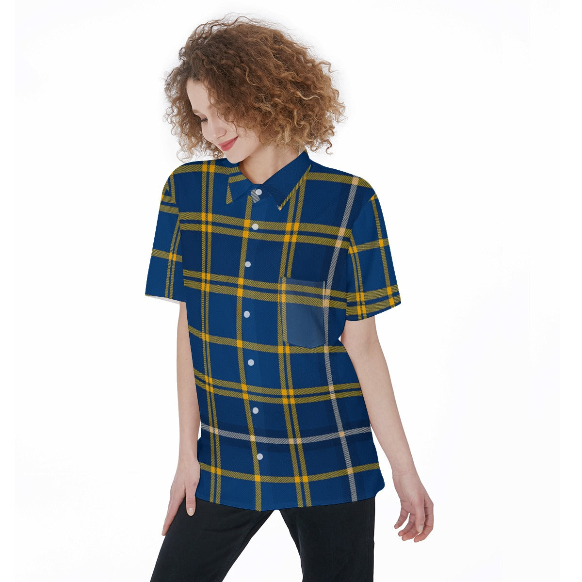 west virginia mountaineers tartan plaid blue gold women's short sleeve shirt with pocket blue gold tartan plaid mountaineers game day fashion