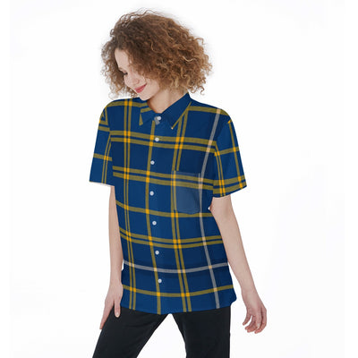 west virginia mountaineers tartan plaid blue gold women's short sleeve shirt with pocket blue gold tartan plaid mountaineers game day fashion