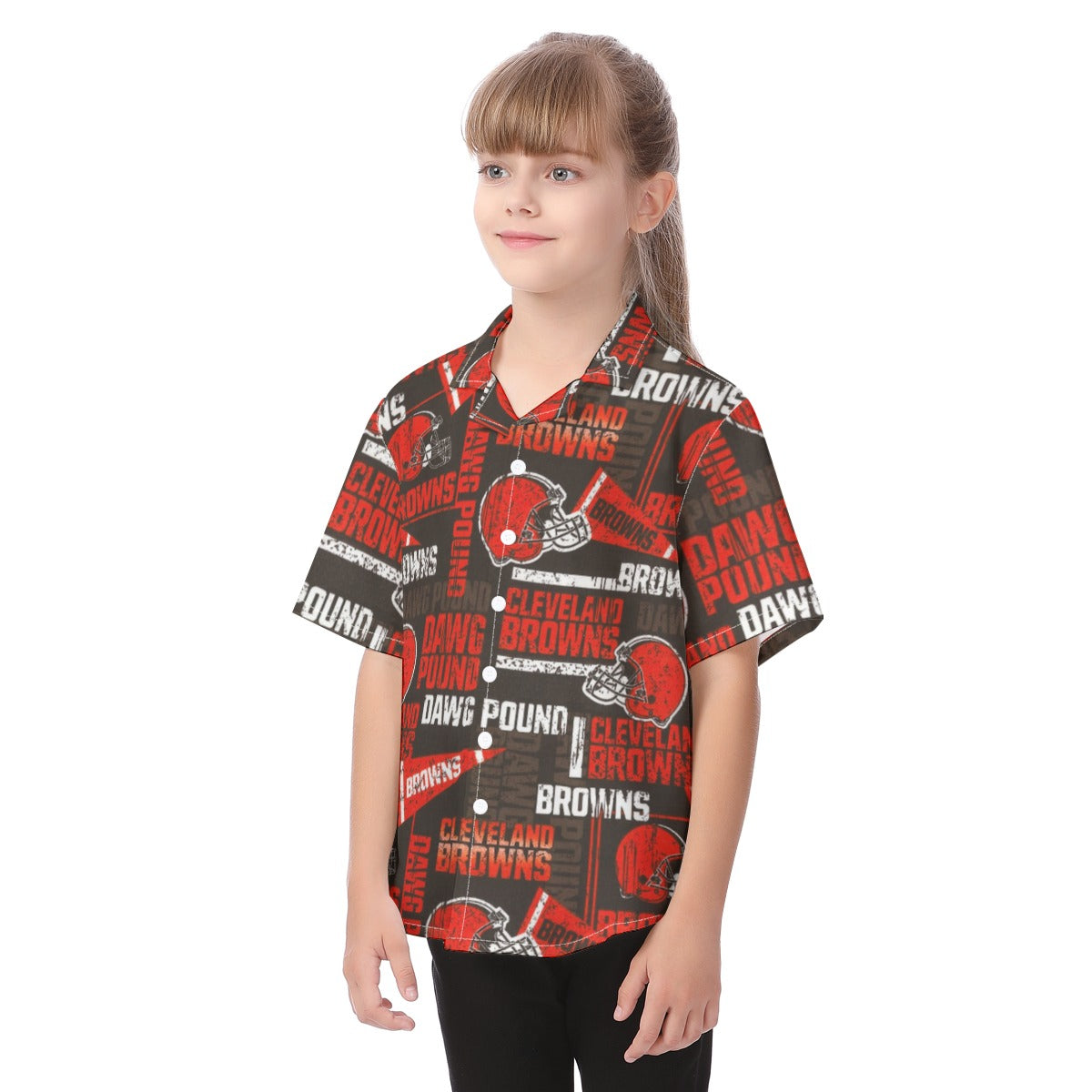 cleveland-browns-kids-hawaiian-vacation-shirt brown orange football outfit fabric close-up