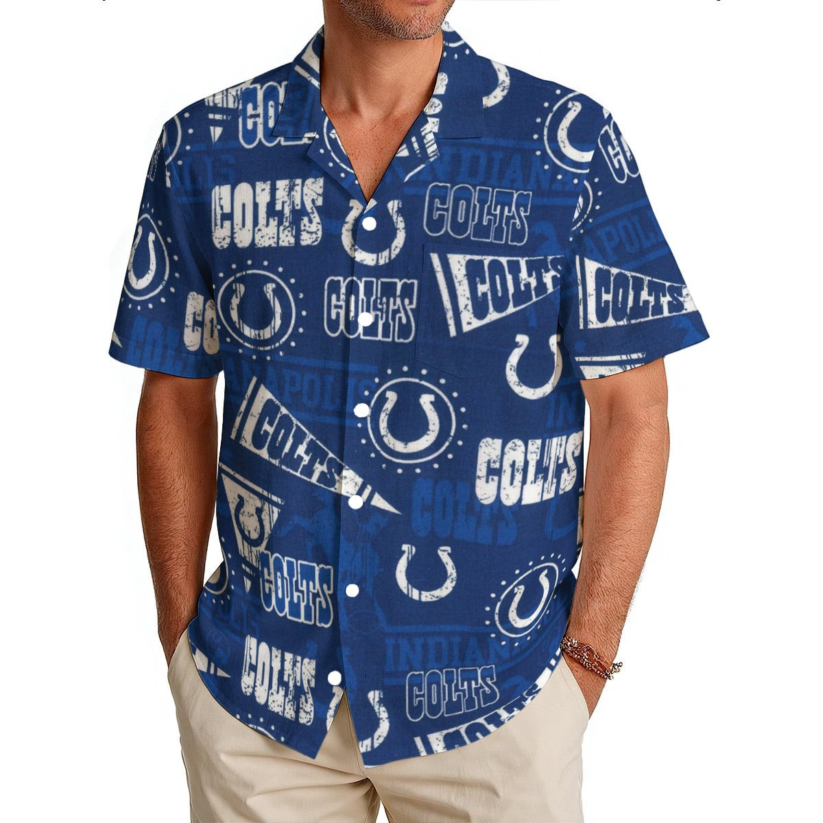 Indianapolis Colts Men's Hawaiian Shirt|150GSM blue white football outfit back view
