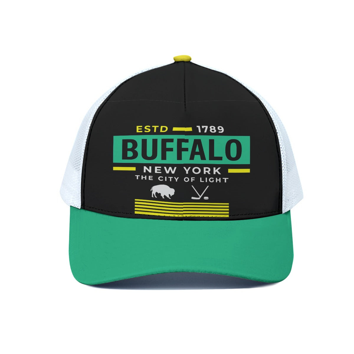 Baseball cap with 'Buffalo New York' text and design on a white background