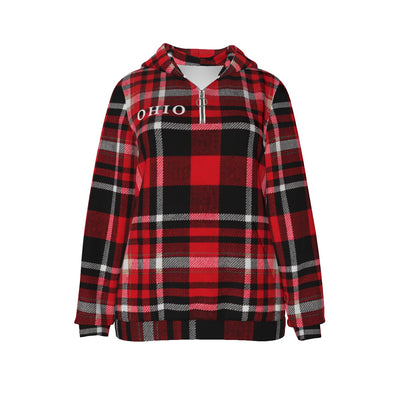 Ohio State Tartan Plaid Women's Borg Fleece Hoodie With Half Zip White game day varsity apparel