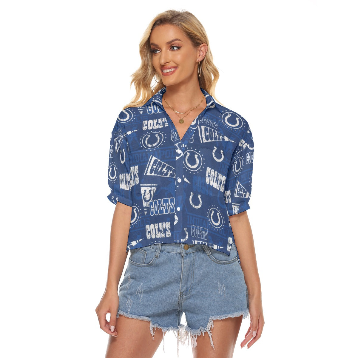 Indianapolis Colts Women's V-neck Shirts blue white football outfit back view