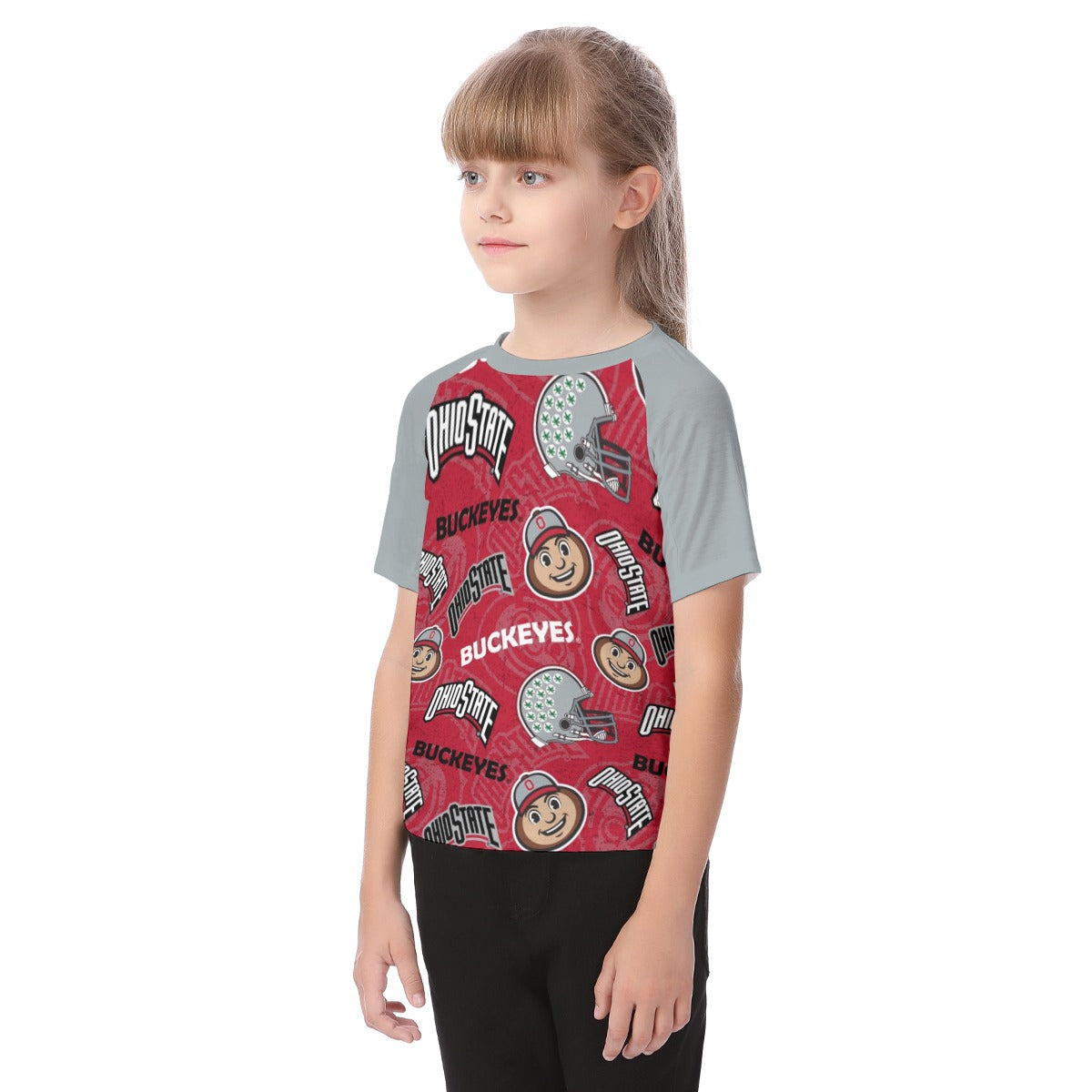 Ohio State Buckeyes Kids Raglan Sleeve T-Shirt – Scarlet and Gray Youth Football Game Day Shirt White game day varsity apparel
