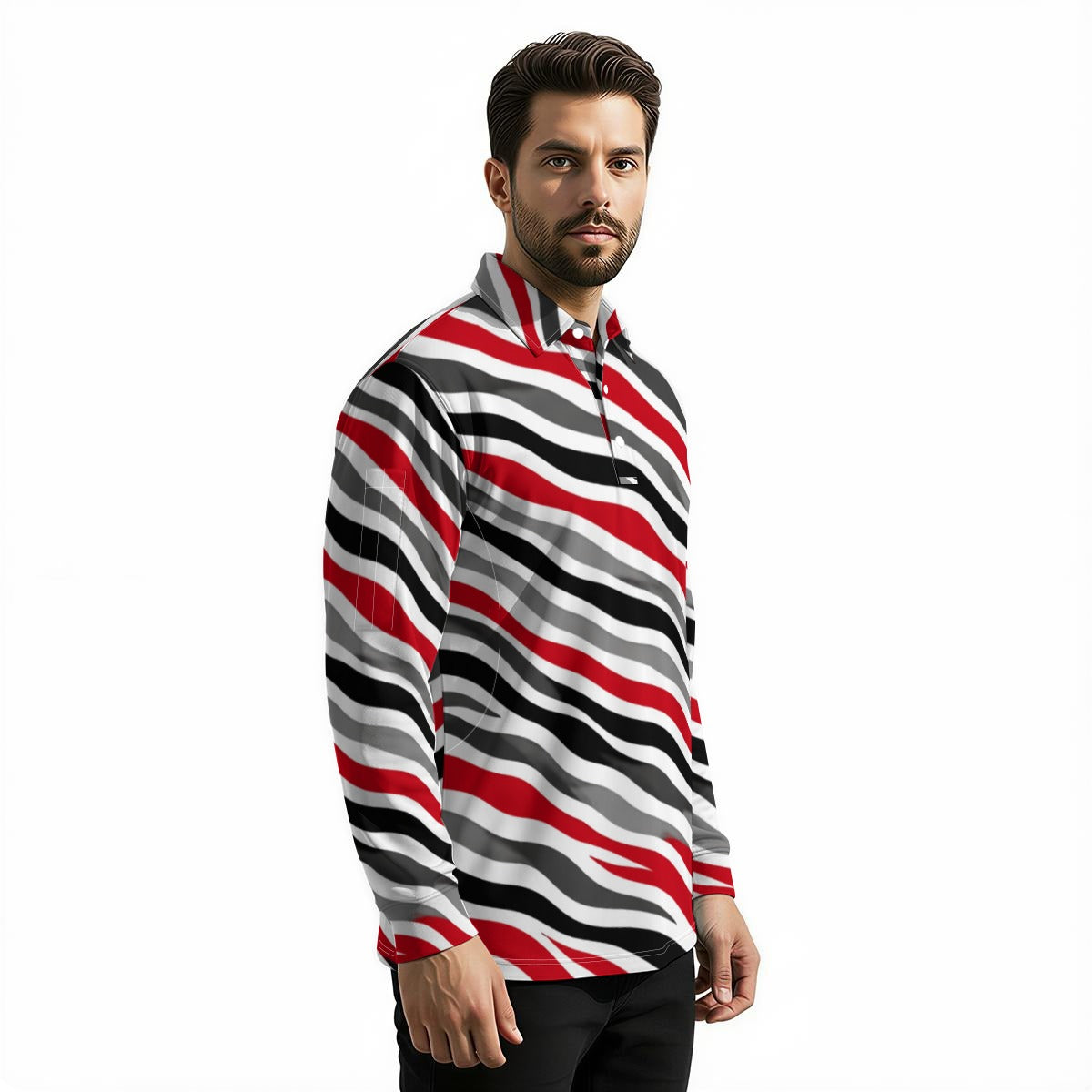 White Smoke Ohio State Men's Long Sleeve Polo Shirt scarlet white football tee
