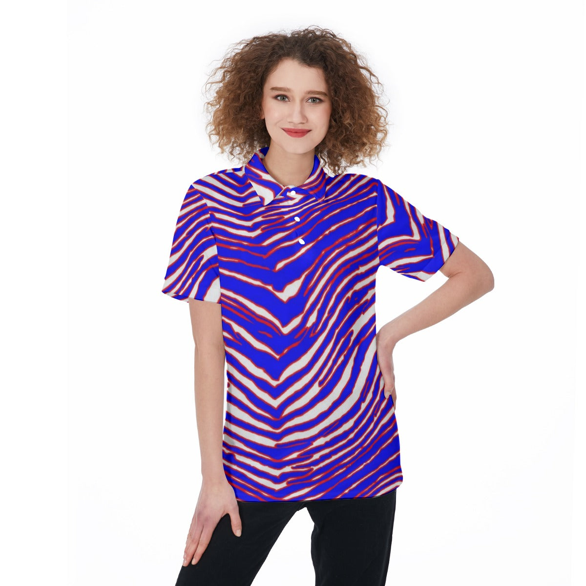 Buffalo Football Women's Polo Shirt – Red Blue White Zebra Game Day Style