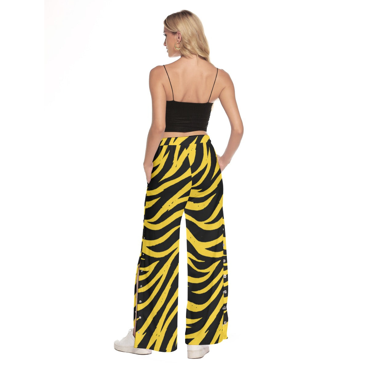 White Smoke Pittsburgh Football Yellow Black Zebra Women's Side Slit Snap Button Trousers