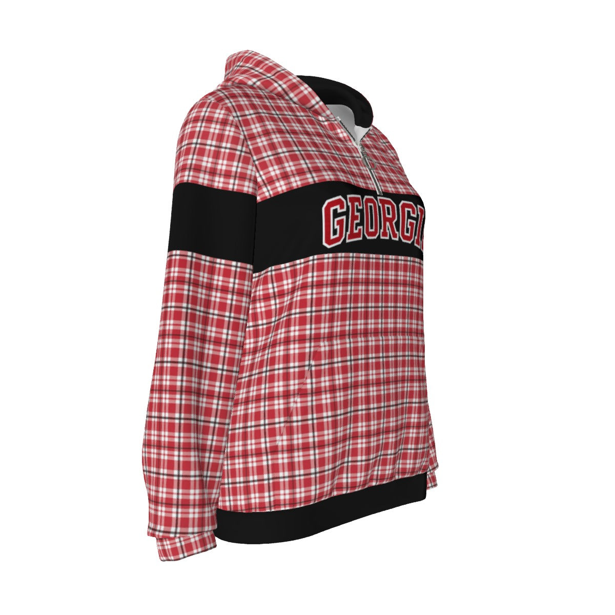 White Smoke Georgia Varsity tartan plaid Women's Borg Fleece Hoodie Red and Black