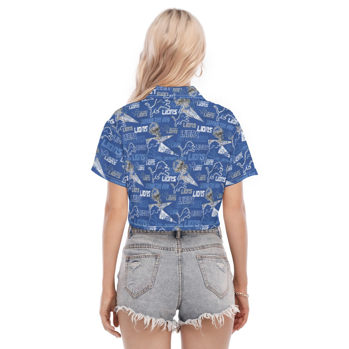 detroit-lions-womens-cropped-shirt blue silver football close-up design detail