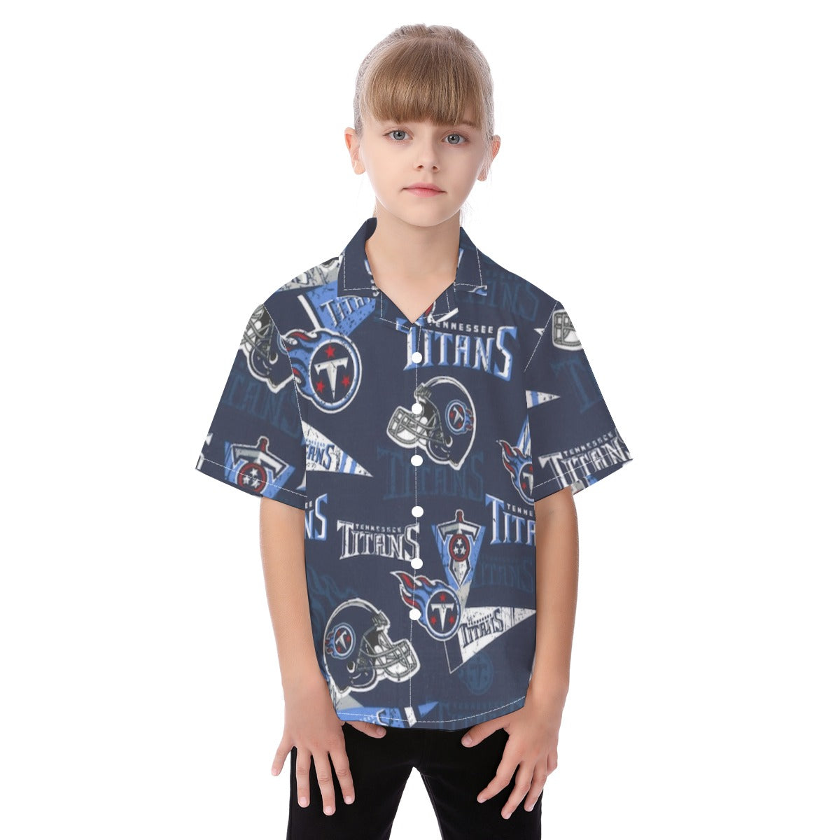 Tennessee Titans Kid's Hawaiian Vacation Shirt navy light blue football back view game day look