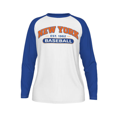 New York Baseball White Raglan Shirt with Blue Sleeves – Long Sleeve Game Day Tee – game day outfit, casual fan outfit, image 1.0