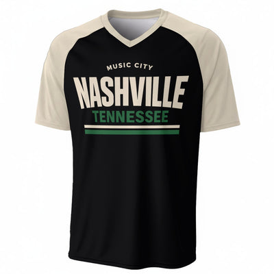 Nashville Tennessee Music City Baseball V-Neck T-Shirt Black and Beige – Urban Sports Streetwear – casual fan outfit, breathable comfort wear, image 1.0