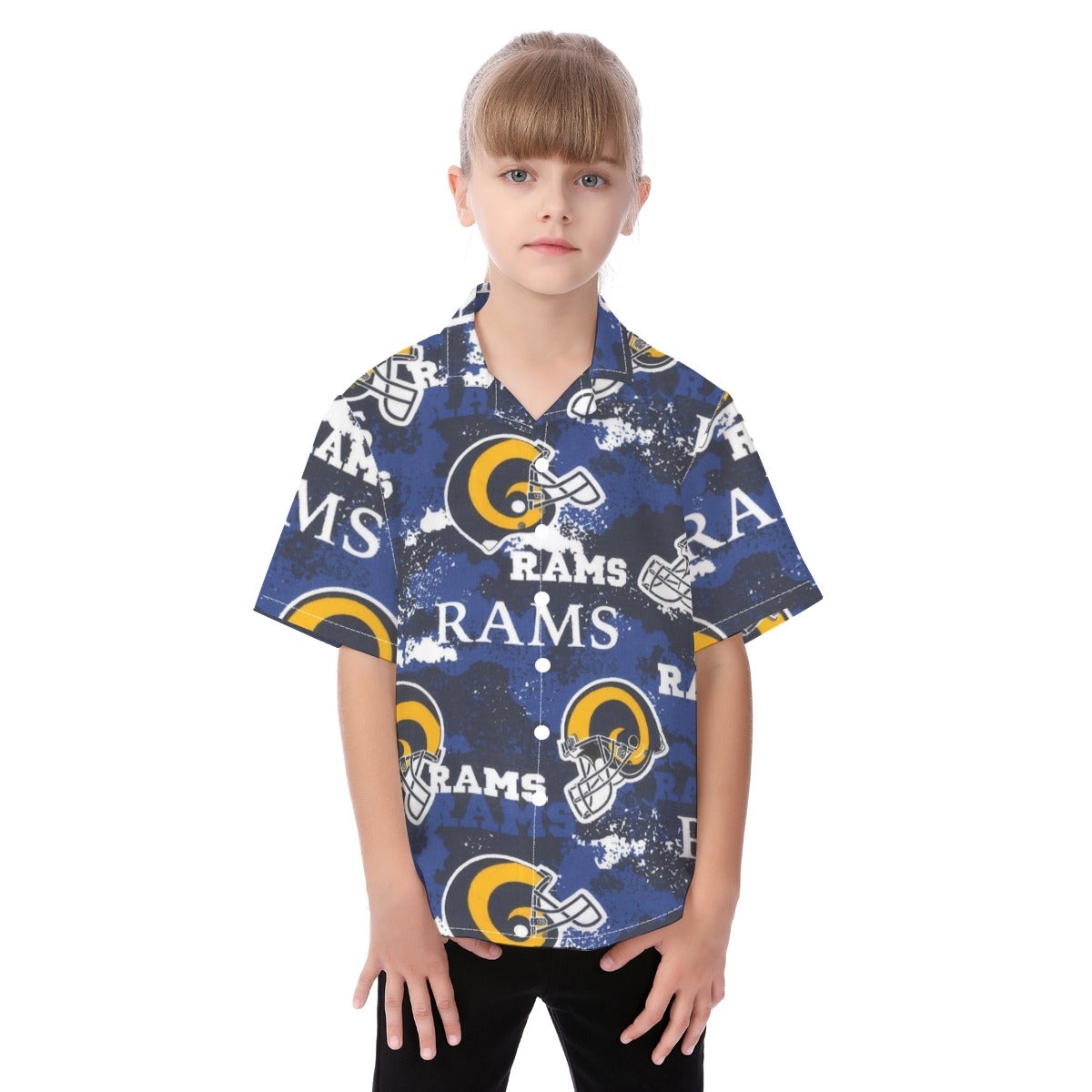 Los Angeles Rams  Kid's Hawaiian Vacation Shirt navy orange football outfit back view