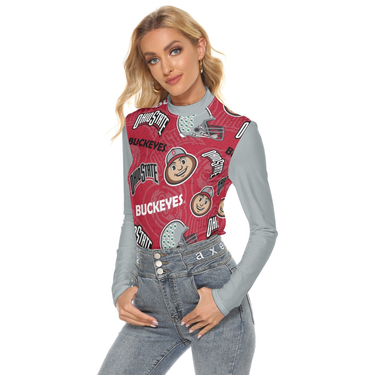 Ohio State Buckeyes Women’s Stretchable Turtleneck Top – Scarlet and Gray Football Game Day Long Sle White game day varsity apparel