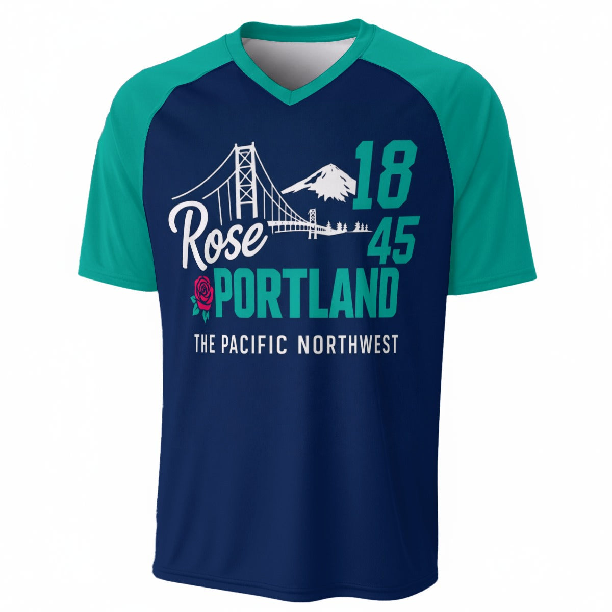 Portland Rose City Graphic T-Shirt in Navy and Teal – Pacific Northwest Streetwear Tee – sportswear style, football shirt, image 1.0
