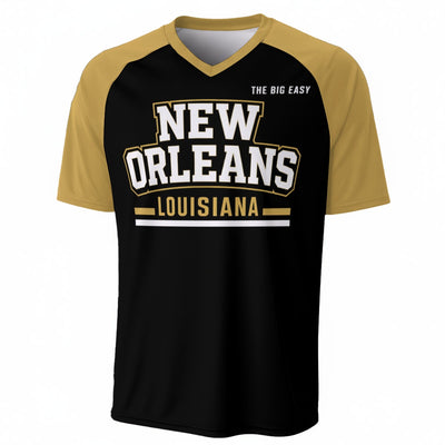New Orleans Louisiana The Big Easy Baseball V-Neck T-Shirt Black and Gold – Urban Sports Streetwear – casual fan outfit, fan gear, image 1.0