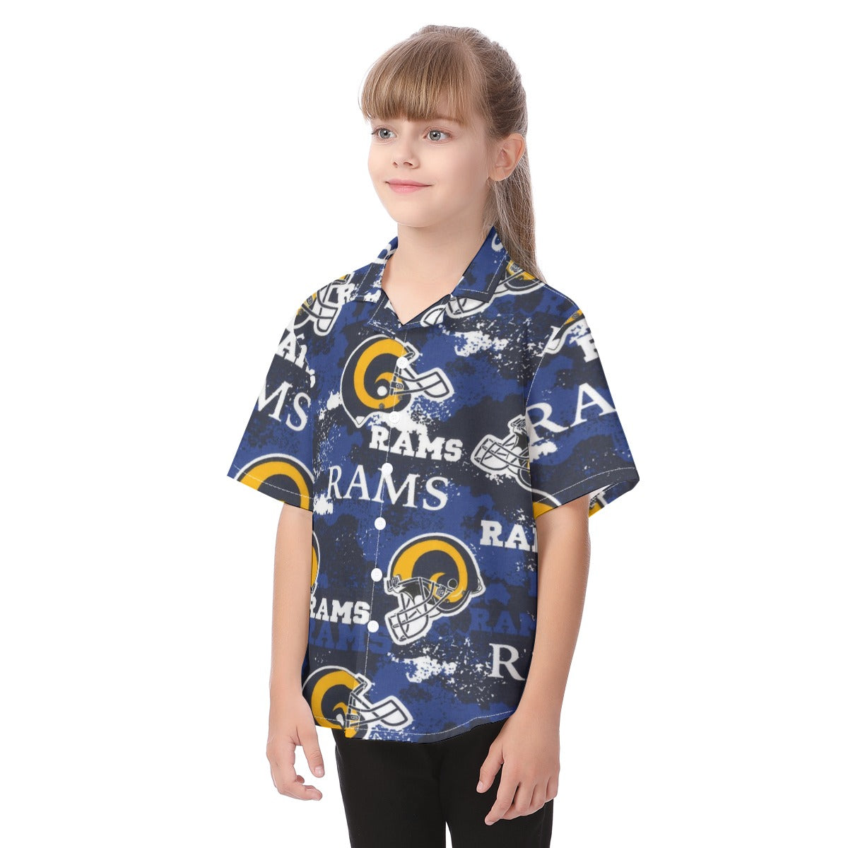 los-angeles-rams-kids-hawaiian-vacation-shirt navy orange football outfit fabric close-up
