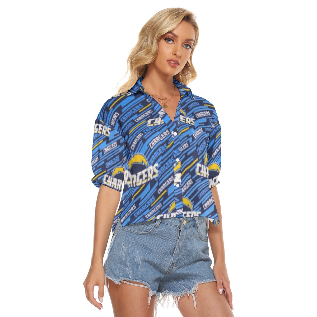 los-angeles-chargers-womens-v-neck-shirts powder blue yellow football fabric breathable detail