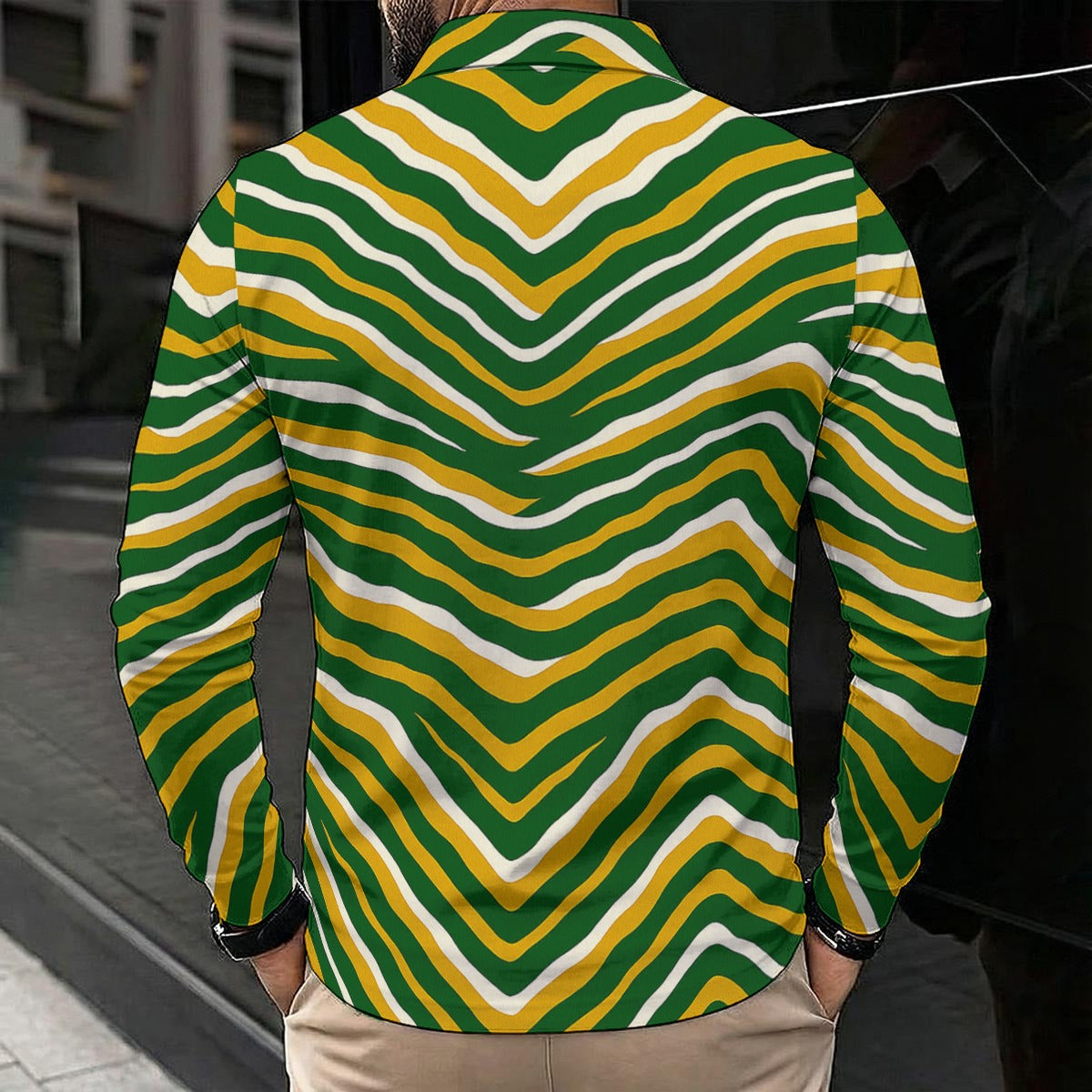Black Green Bay Football Yellow Green Men’s Long Sleeve Polo Shirt – Game Day Streetwear