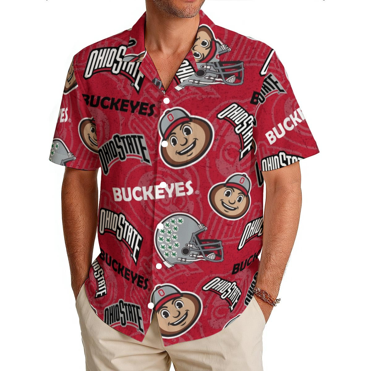 Ohio State Buckeyes Men's Hawaiian Shirt|150GSM White game day varsity apparel