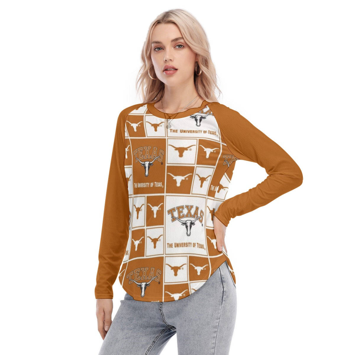 Texas at Austin - Longhorns Women's Raglan Sleeves U-Shaped Hem Long Sleeves Blouse White varsity sports apparel