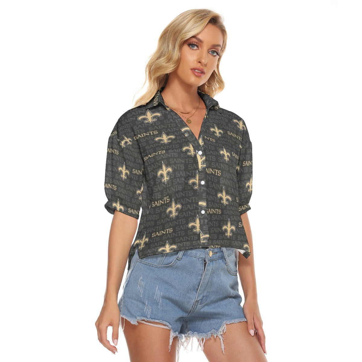 new-orleans-saints-womens-v-neck-shirts black gold football detail fabric breathable