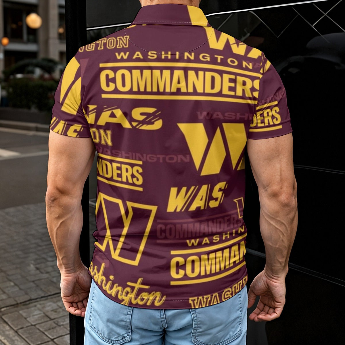 washington-commanders-mens-polo-shirt burgundy gold football outfit detail