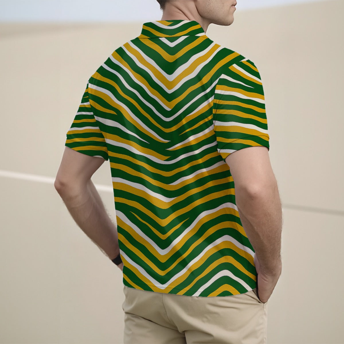 Gray Green Bay Football Yellow Green Zebra Men’s Half Zip Polo Shirt Short Sleeve – Game Day Streetwear