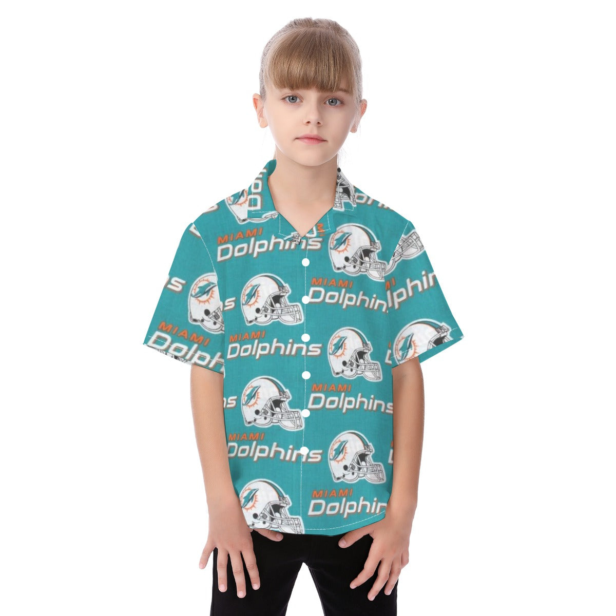 Miami Dolphins Kid's Hawaiian Vacation Shirt aqua orange football outfit back view