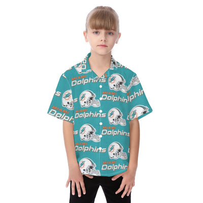 Miami Dolphins Kid's Hawaiian Vacation Shirt aqua orange football outfit back view