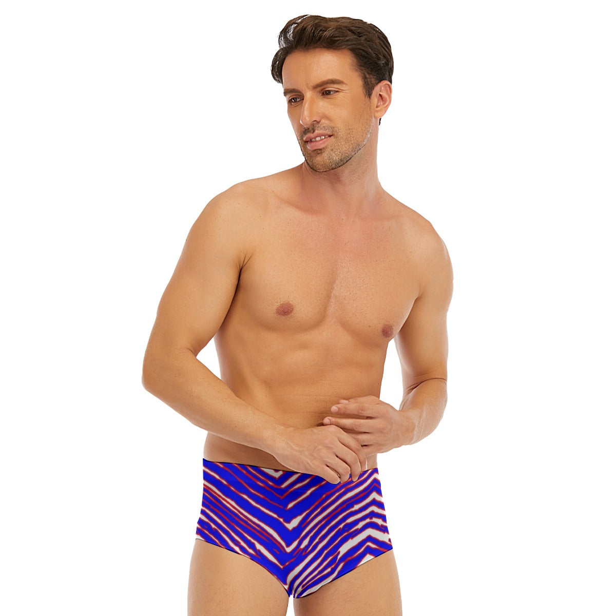 White Smoke All-Over Print Men's Triangle Swim Trunks – Red Blue White Zebra Game Day Style