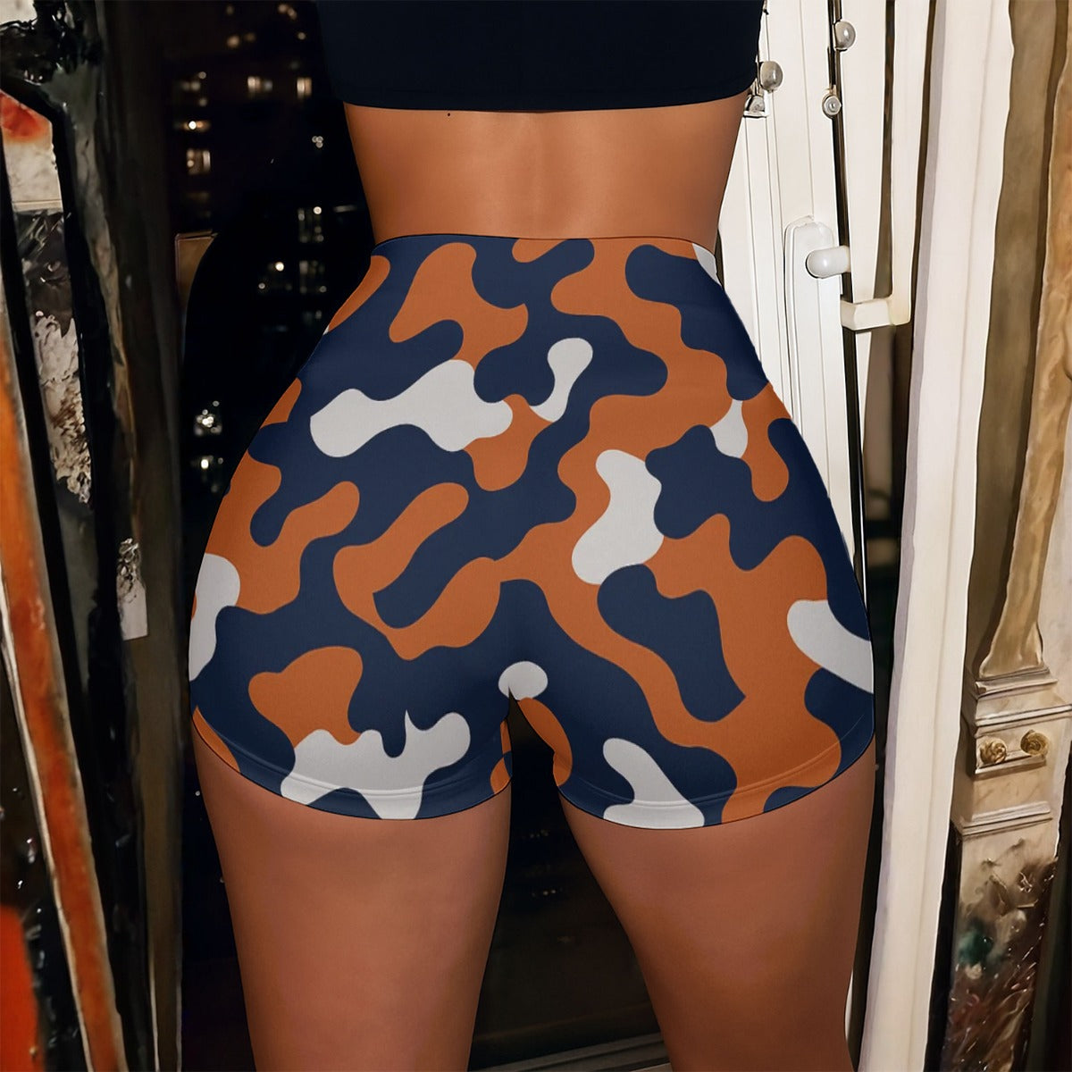 Black Chicago Football Women’s Camo Shorts – Navy Orange Game Day Athletic Shorts