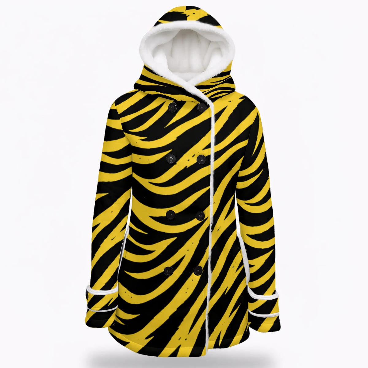 Pittsburgh Football Yellow Black Zebra Women's Hooded Double-Breasted Winter Coat With Fleece