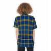 West Virginia Mountaineers Tartan Plaid Blue Gold Women's Short Sleeve Shirt With Pocket
