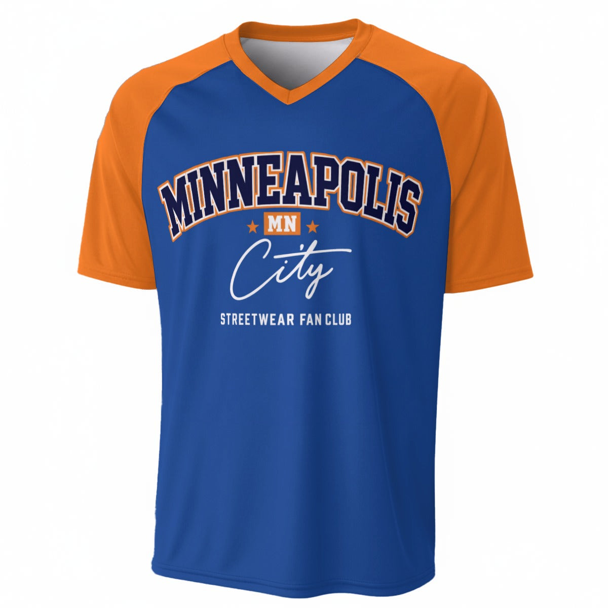 Minneapolis MN City V-Neck Raglan T-Shirt – Blue and Orange Vintage Athletic Minneapolis Streetwear – fan gear, breathable comfort wear, image 1.0