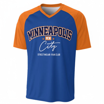 Minneapolis MN City V-Neck Raglan T-Shirt – Blue and Orange Vintage Athletic Minneapolis Streetwear – fan gear, breathable comfort wear, image 1.0