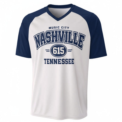 Nashville Tennessee 615 Music City Baseball V-Neck T-Shirt White and Navy Blue – Urban Sports Street – breathable comfort wear, game day outfit, image 1.0