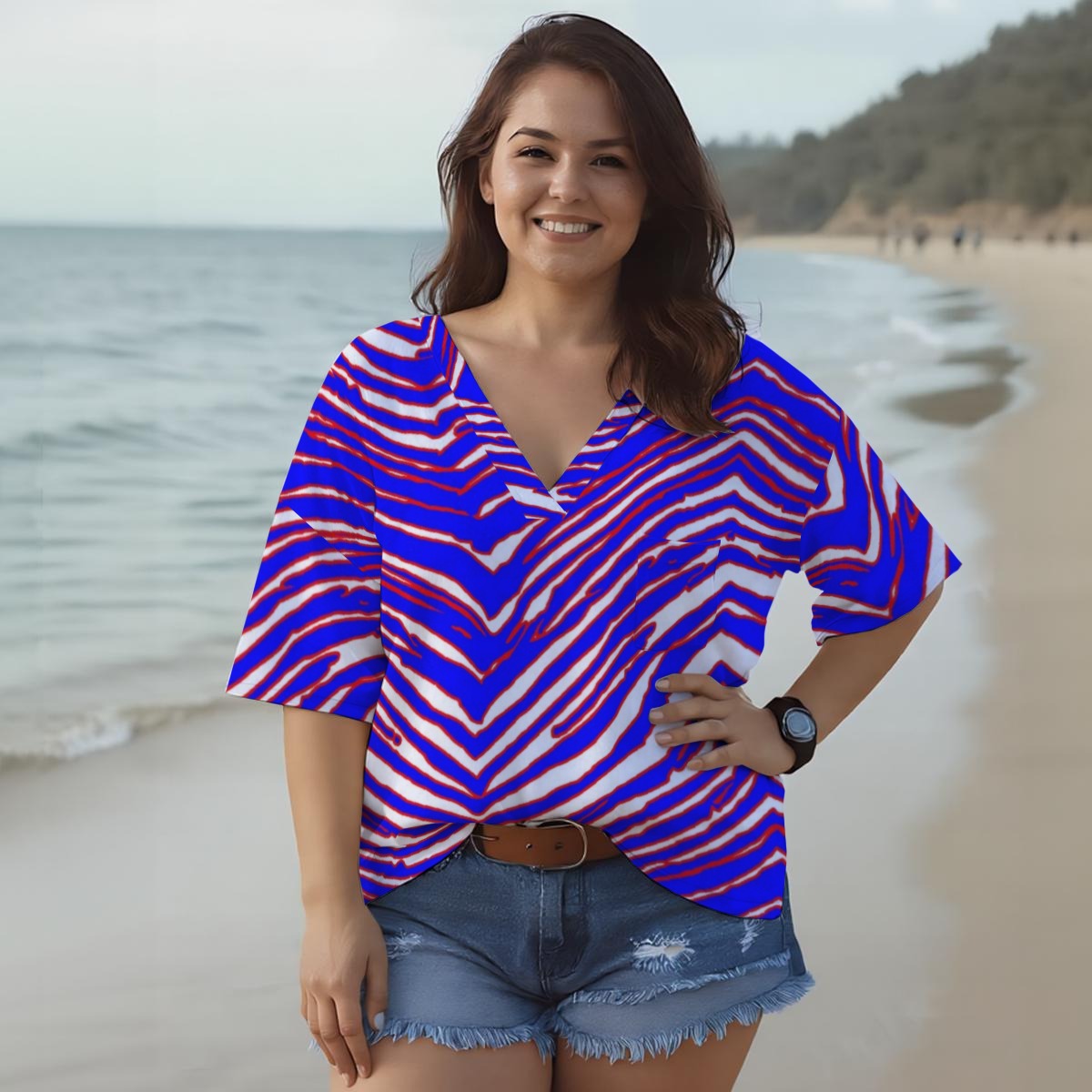 Buffalo Zebra Football Women’s Casual V-Neck Short Sleeve Top – Effortless Game Day Style – nfl fan apparel, fan gear, image 1.0
