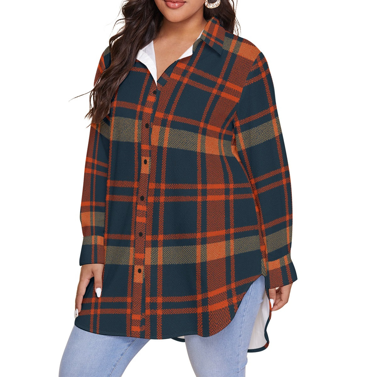 Auburn Tigers Tartan Plaid Navy Orange Women's Shirt With Long Sleeve(Plus Size) streetwear fashion product image 4