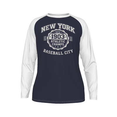 New York Baseball Raglan Long Sleeve Shirt – Navy and White Athletic Champs Est. 1903 – casual fan outfit, breathable comfort wear, image 1.0