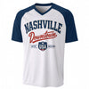 Nashville Downtown Baseball Style V-Neck T-Shirt White and Navy Blue – Urban Sports Streetwear – lightweight game day shirt, breathable comfort wear, image 1.0