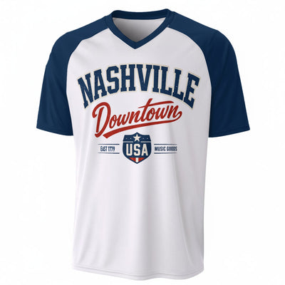 Nashville Downtown Baseball Style V-Neck T-Shirt White and Navy Blue – Urban Sports Streetwear – lightweight game day shirt, breathable comfort wear, image 1.0