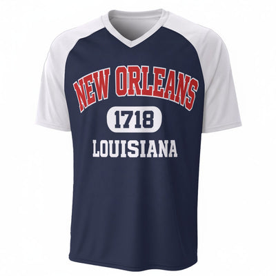 New Orleans 1718 Louisiana Baseball V-Neck T-Shirt Navy Blue and White – Urban Sports Streetwear – game day outfit, game day outfit, image 1.0