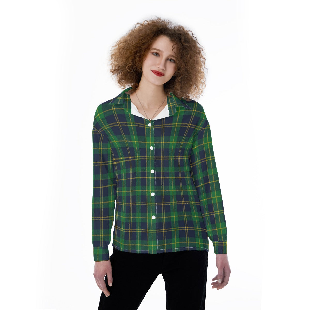 Notre Dame Fighting Irish Green Navy Gold Plaid Womens Satin Shirt 8 green navy gold plaid women fashion apparel