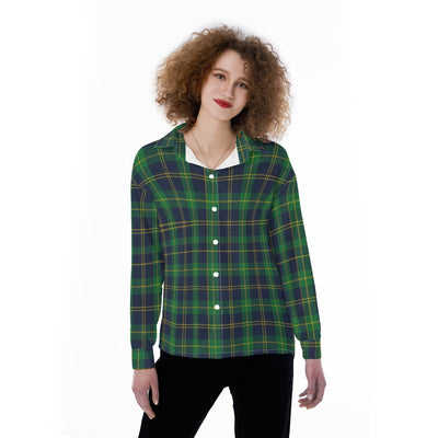 Notre Dame Fighting Irish Green Navy Gold Plaid Womens Satin Shirt 8 green navy gold plaid women fashion apparel
