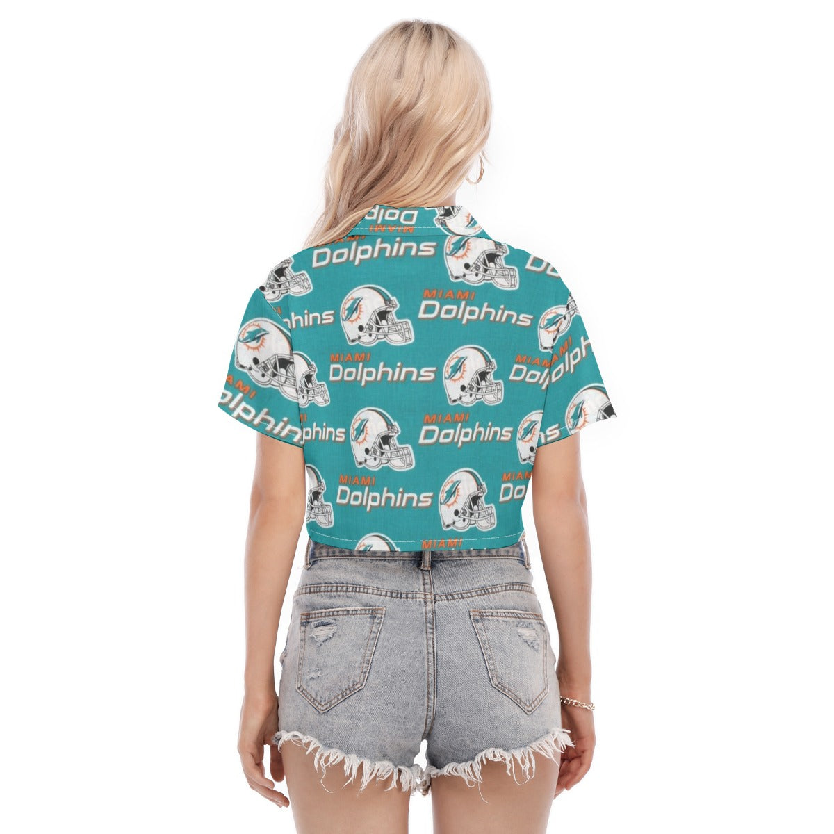 miami-dolphins-womens-cropped-shirt aqua orange football outfit side view