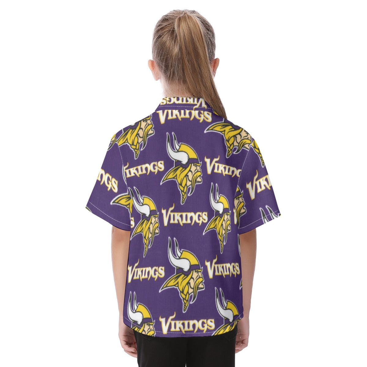 minnesota-vikings-kids-hawaiian-vacation-shirt purple gold football outfit side view