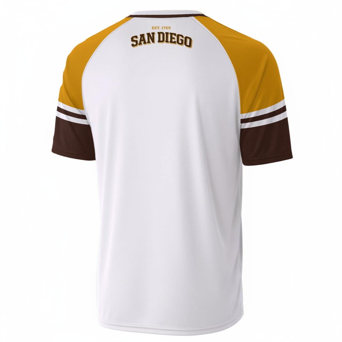 White Smoke San Diego EST. 1769 Baseball Style  T-Shirt – White, Brown and Mustard Yellow Streetwear Tee