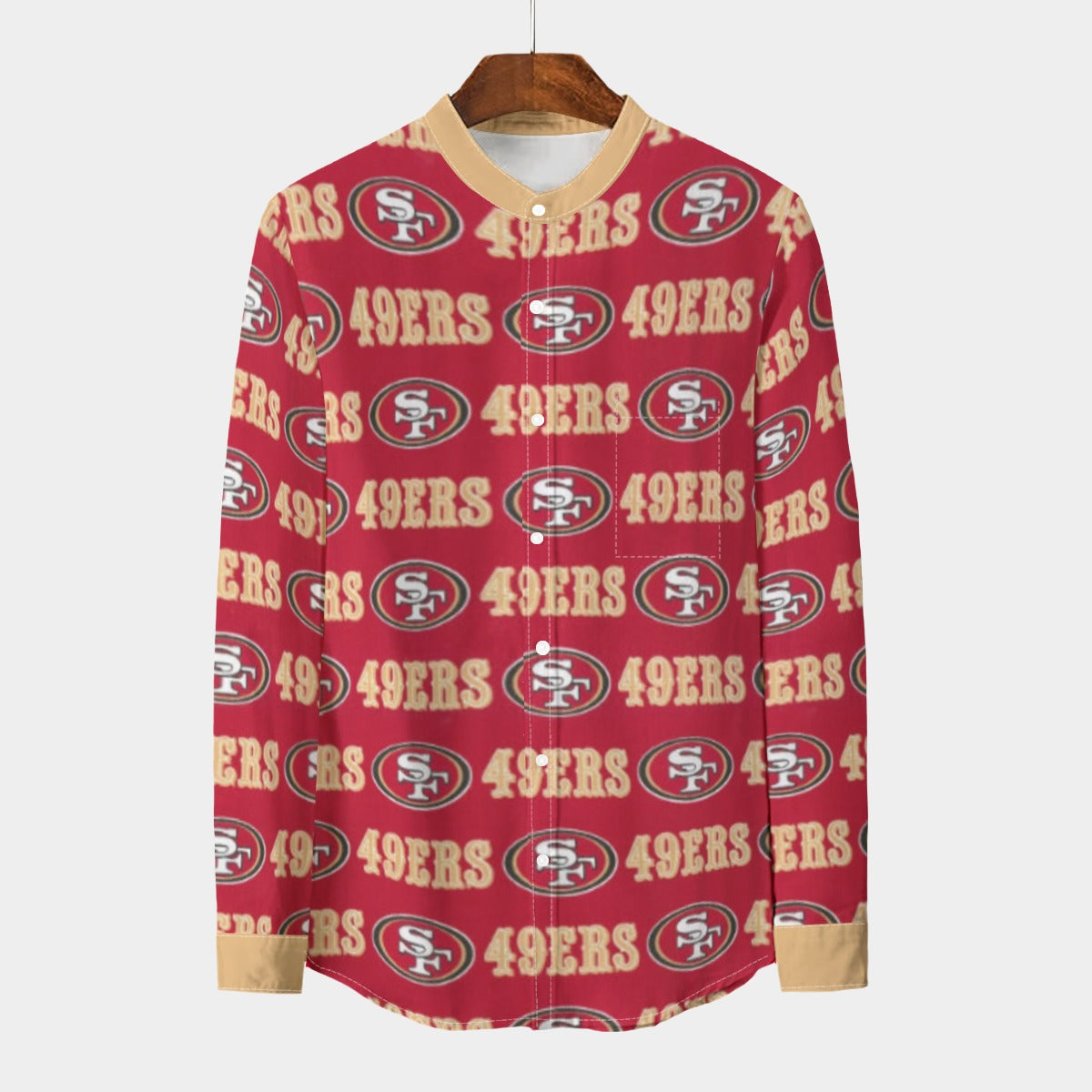 San Francisco 49ers  Men's Stand Collar Shirt With Long Sleeve|110GSM Imitation Flax – lightweight game day shirt, fan gear, image 794